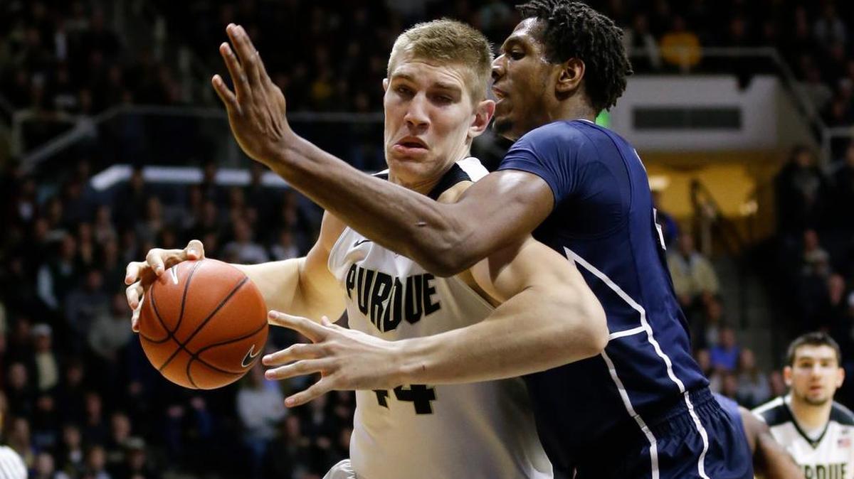 Purdue center Isaac Haas (44) drives into Penn State center Jordan Dickerson during the second half of an NCAA college basketball game in West Lafayette, Ind., Wednesday, Jan. 13, 2016.