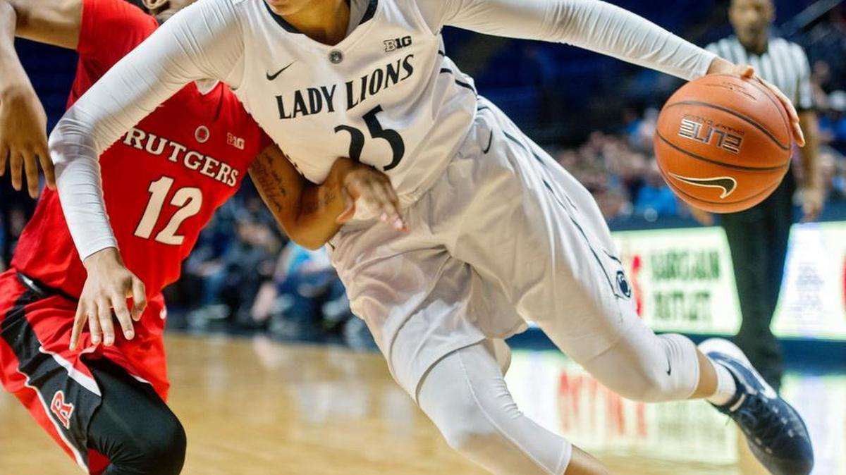 Penn State's Peyton Whitted dribbles around Rutgers' Khadaizha Sanders during the Sunday, February 7, 2016 game. Rutgers won, 74-62.