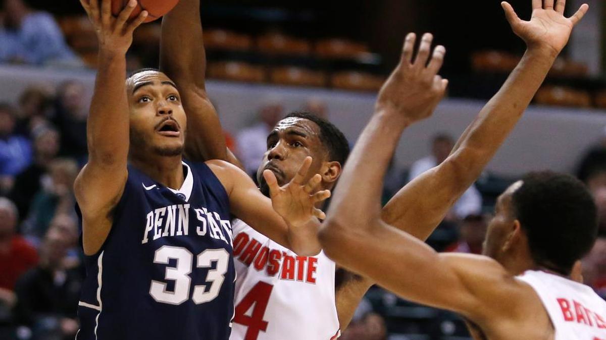 Penn State’s Shep Garner (33) goes up for a shot against Ohio State's Daniel Giddens (4) in the first half of an NCAA college basketball game at the Big Ten Conference tournament, Thursday, March 10, 2016, in Indianapolis.