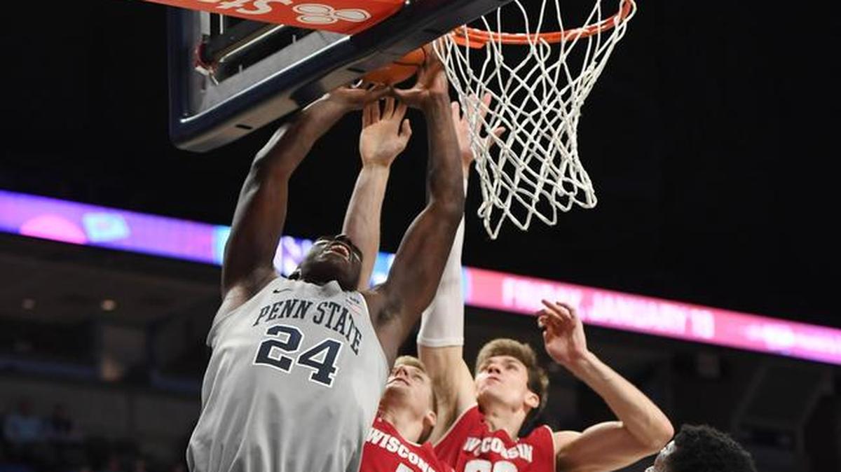 Penn State forward Mike Watkins, seen here earlier in the season, finished with 15 points and 12 rebounds in his team’s 74-54 win over George Washington on Saturday.