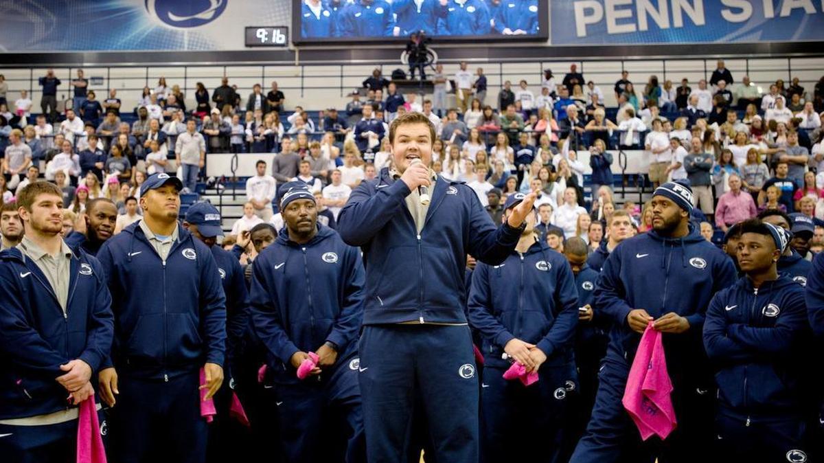 Penn State football captain Miles Dieffenbach thanks the crowd during a pep rally on Oct. 24, 2014, before the White Out game against Ohio State. Dieffenbach played under five head coaches (three full-time, two interim), started 26 times and went through the post-NCAA sanctions transfer free-for-all.