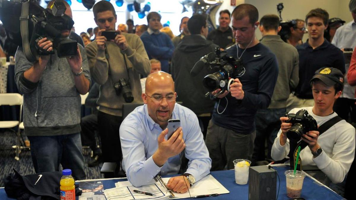 Penn State head coach James Franklin talks with a signee via video chat in PSU's National Signing Day war room at the Lasch Football Building on Wednesday, Feb. 4, 2015.