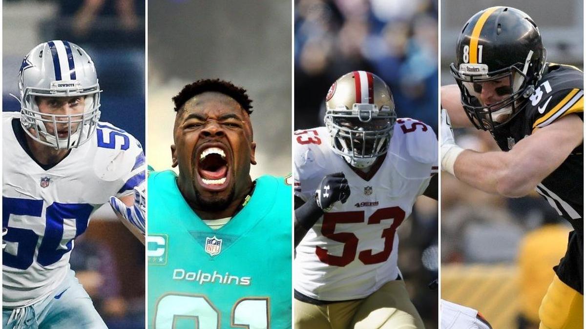 Dozens of Nittany Lions are succeeding in the NFL. From left to right are Sean Lee (Dallas Cowboys), Cameron Wake (Miami Dolphins), NaVorro Bowman (San Francisco 49ers, Oakland Raiders) and Jesse James (Pittsburgh Steelers).