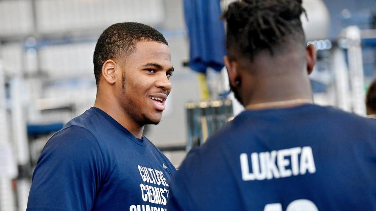 Penn State freshman linebackers Micah Parsons, left, and Jesse Luketa laugh together during a football winter workout in February. The two teammates have earned a lot of praise so far this offseason — Parsons for his athleticism and Luketa for his quick study and leadership qualities.
