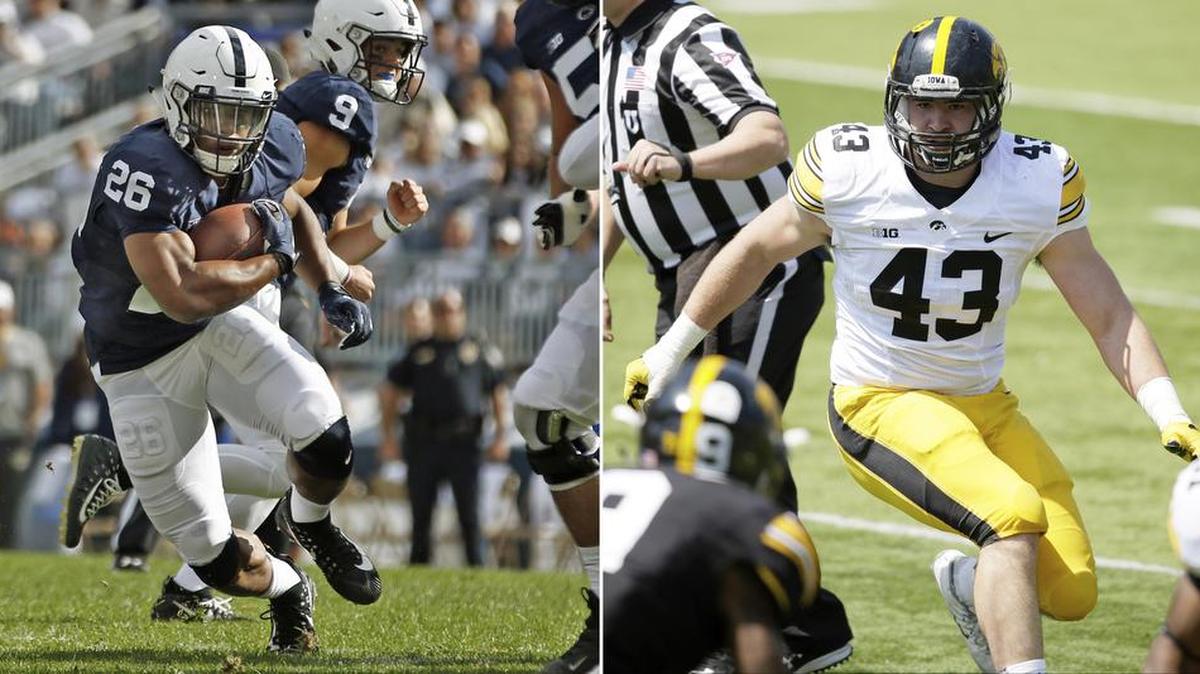 Penn State running back Saquon Barkley, left, and Iowa linebacker Josey Jewell are sure to collide on Saturday night when the Nittany Lions visit Iowa City. Barkley and Co. aren’t taking Jewell for granted — as Barkley mistakenly thought Jewell was the Big Ten Defensive Player of the Year last season.
