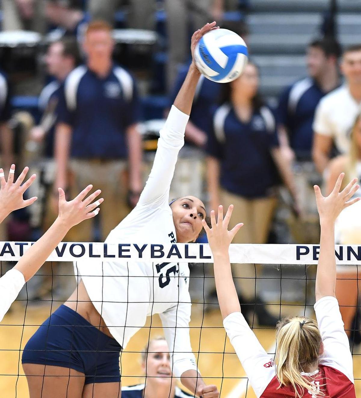 Penn State’s Haleigh Washington returns the ball for a point during Wednesday’s match against Indiana at Rec. Hall. Penn State defeated Indiana, 3-0. (For the CDT/Steve Manuel)