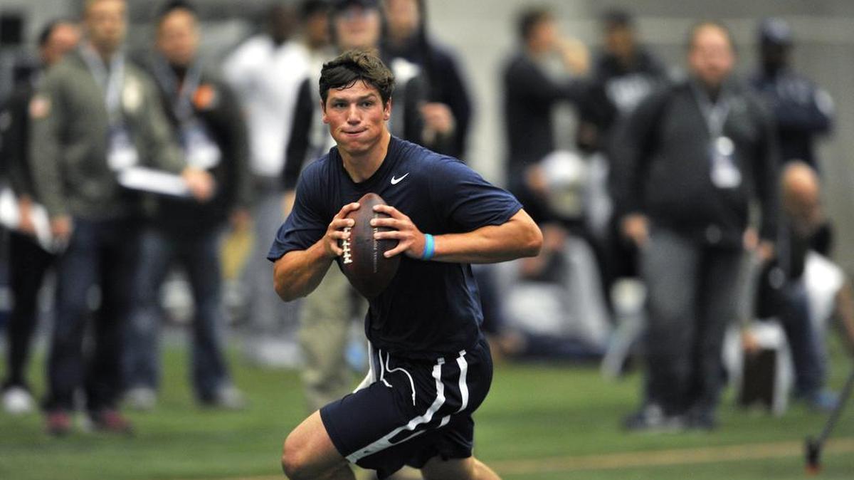 Quarterback Christian Hackenberg throws in front of the scouts during Penn State’s Pro Day on March 17.