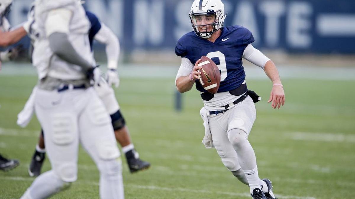 Penn State quarterback Trace McSorley runs with the ball after getting pressured during spring practice on Wednesday, April 6, 2016.
