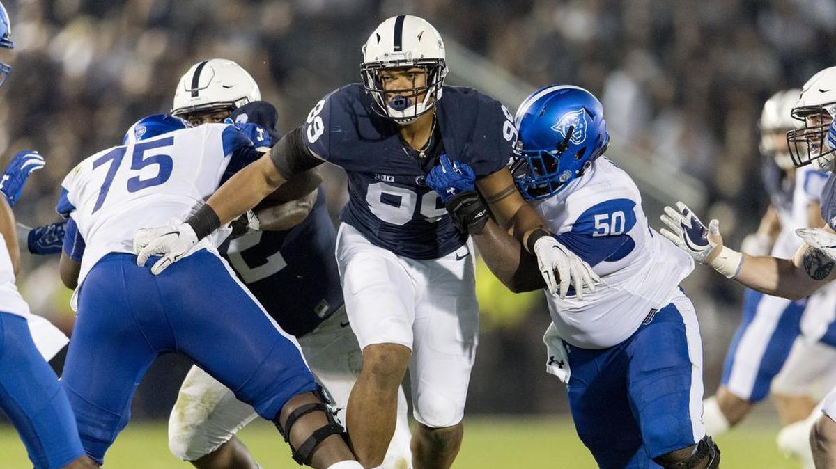 Penn State defensive end Yetur Gross-Matos pushes past Georgia State offensive linemen during the game on Sept. 16. Gross-Matos, a true freshman, finished the 2017 season with 17 tackles, three quarterback hurries, 1.5 sacks and a fumble recovery.