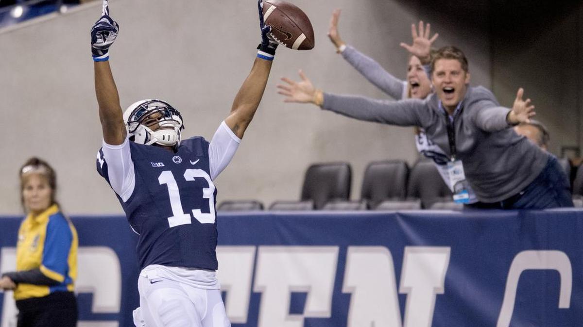 Penn State wide receiver Saeed Blacknall celebrates his touchdown during the Big Ten Championship game against Wisconsin on Dec. 3, 2016, at Lucas Oil Stadium.