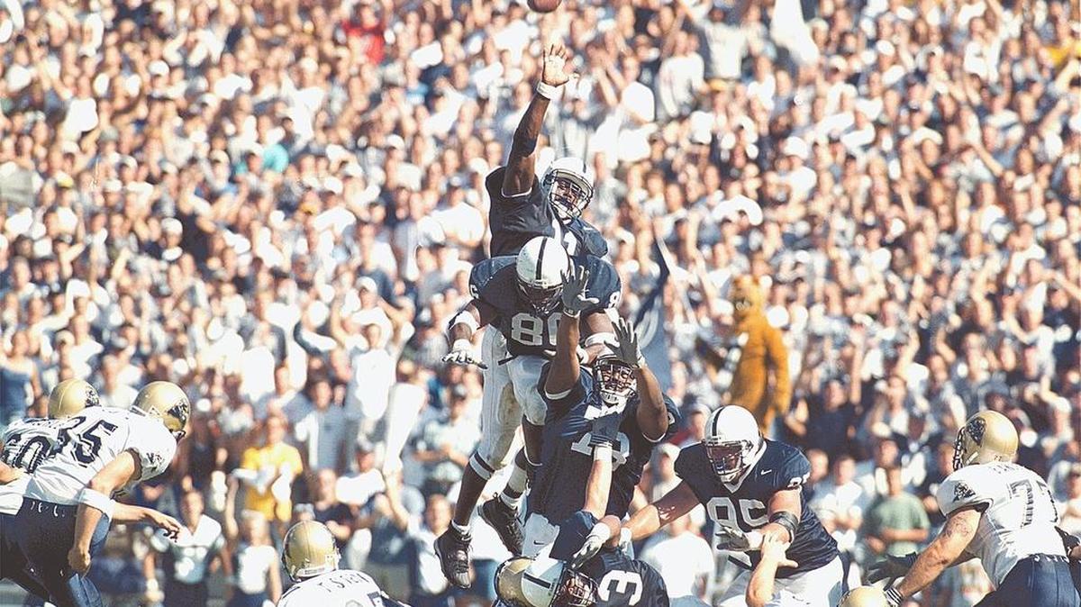 The Sept. 11, 1999, Penn State-Pitt game didn’t make the cut — but it’s just one of the many games worth mentioning in this series history. In this photo, Penn State LB LaVar Arrington goes high to block the field goal by Pitt kicker Nick Lotz in the waning seconds of the game at Beaver Stadium. Helping out are from top, Courtney Brown (86), Jimmy Kennedy (73) and Brandon Short (43). PSU fans should remember this one fondly: The Nittany Lions won 20-17.