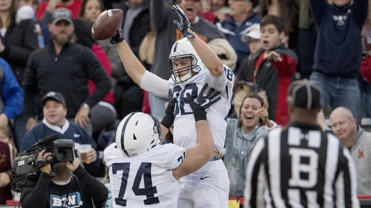 Penn State tight end Mike Gesicki celebrates after making a diving catch for a touchdown during the game against Maryland at Capital One Field at Maryland Stadium on Saturday.