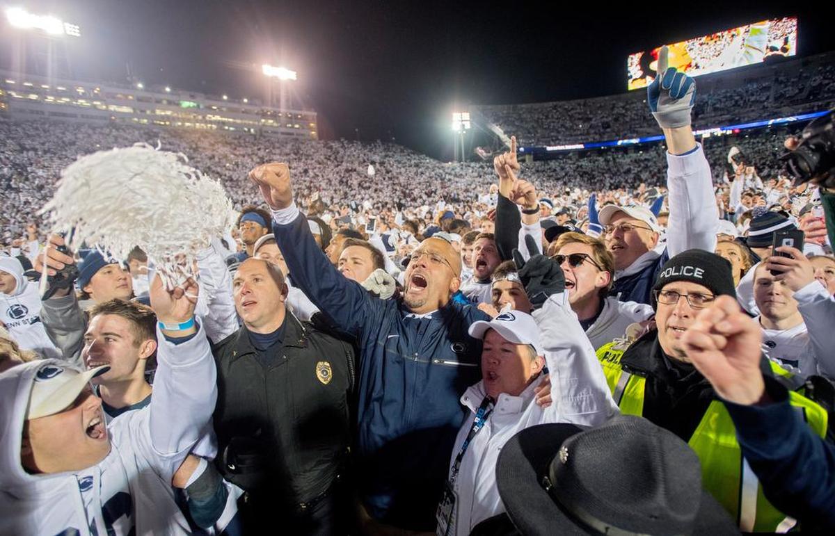 Penn State football coach James Franklin celebrates with the Penn State crowd after the 24-21 win over Ohio State on Oct. 22, 2016. That’s arguably been the most memorable White Out game so far.