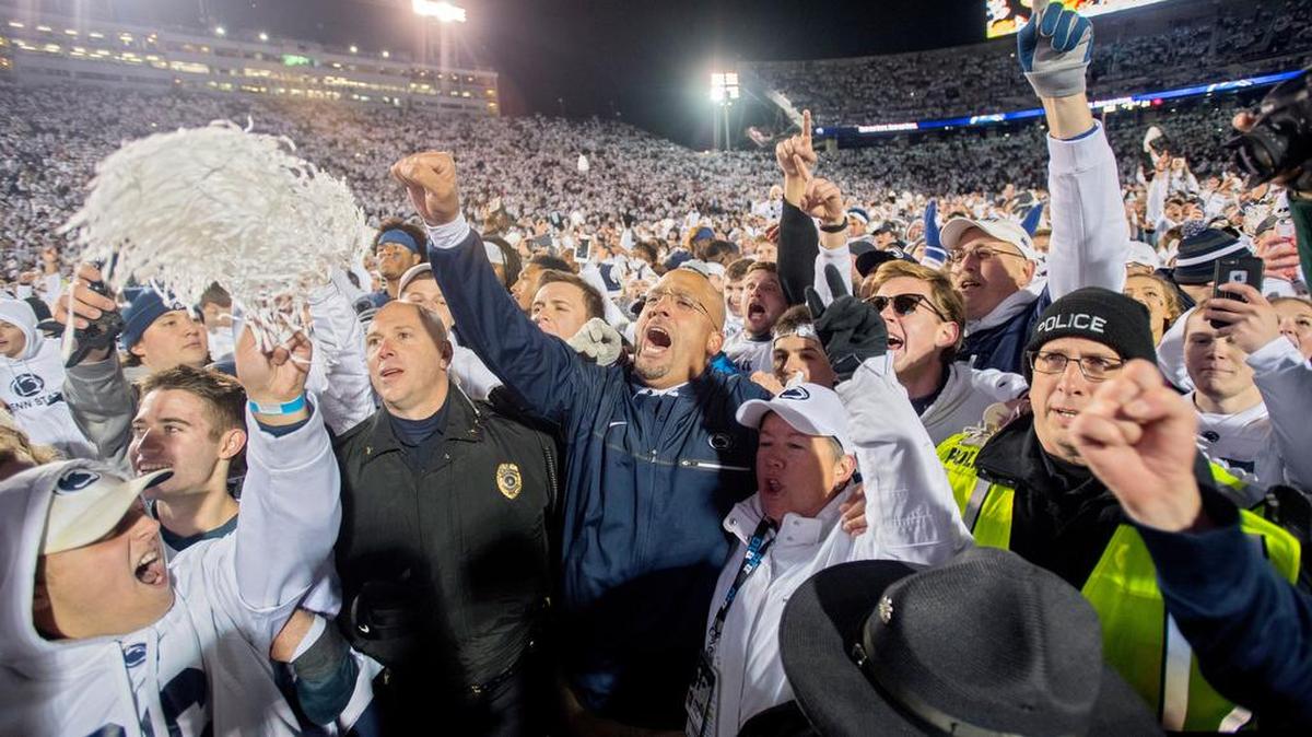 Penn State football coach James Franklin celebrates with the Penn State crowd after the 24-21 win over Ohio State on Oct. 22, 2016. That’s arguably been the most memorable White Out game so far.