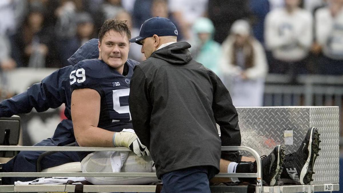 Penn State tackle Andrew Nelson gets carted off the field with an injury during the first half of the Saturday, October 8, 2016 game against Maryland at Beaver Stadium. Penn State won, 38-14.