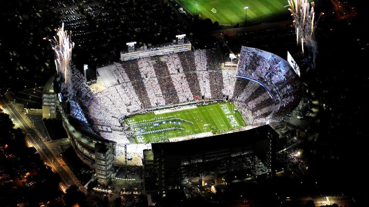 Beaver Stadium alternates blue and white for the Stripe Out during the Penn State and Rutgers game last season.