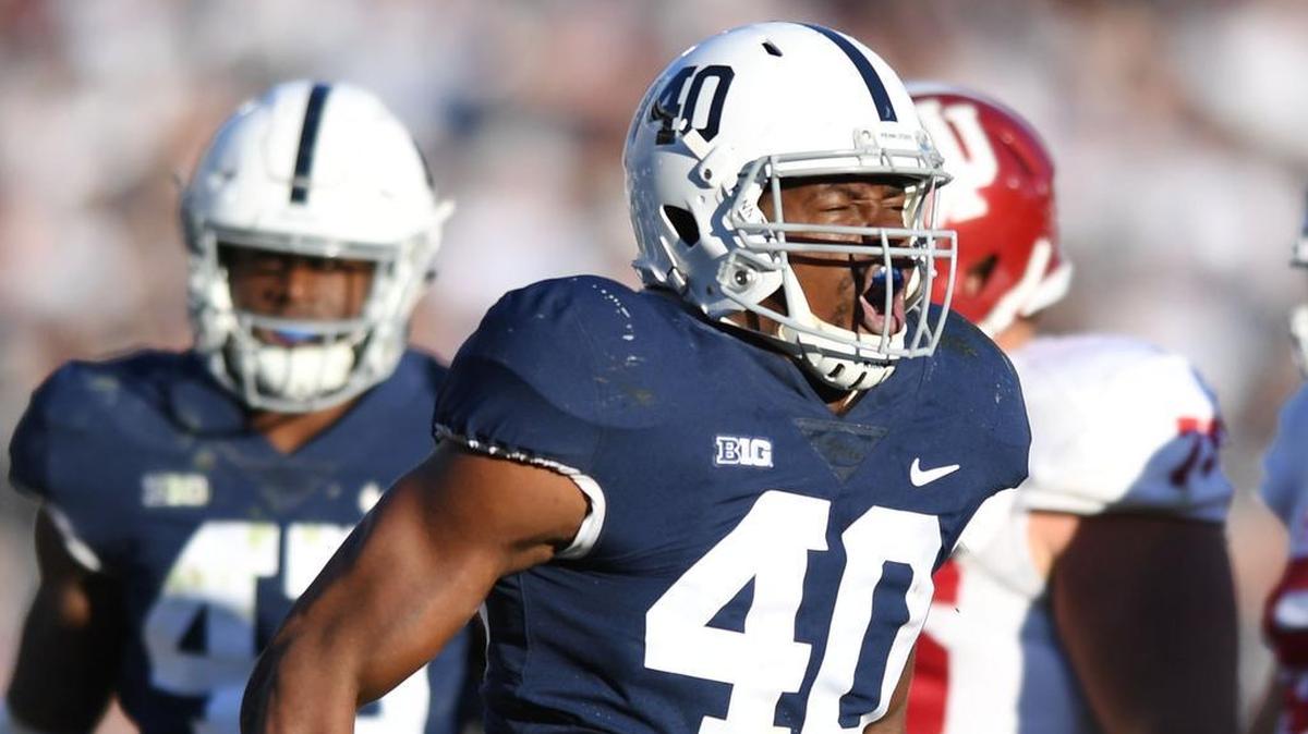 Penn State linebacker Jason Cabinda celebrates a tackle during a game against Indiana Sept. 30 at Beaver Stadium.