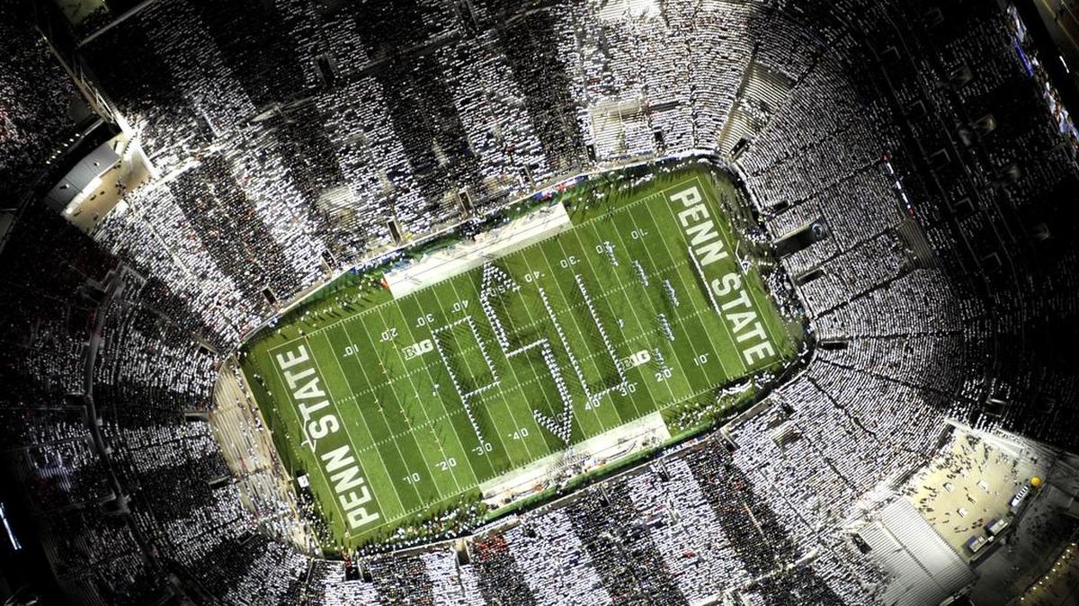 Beaver Stadium alternates blue and white for the Stripe Out during the Penn State vs. Rutgers game Saturday, September 19, 2015 in University Park, Pa.