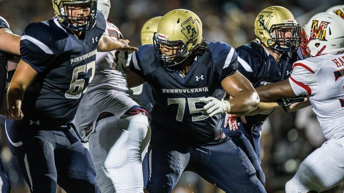 Incoming Penn State freshman OL Des Homes (75) represents Team Pennsylvania on Saturday night during the 60th Annual Big 33 Classic at Landis Field in Harrisburg. Holmes’ team won 44-33.