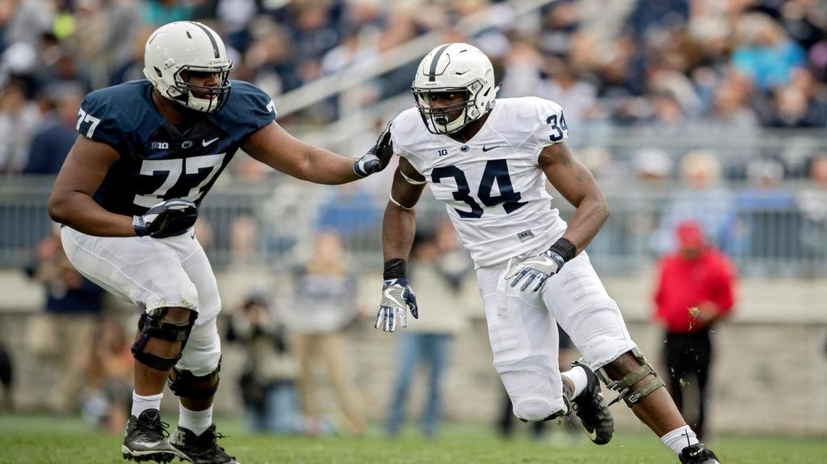 Penn State right tackle Chasz Wright (77), who started the first three games of the 2017 season, missed the game at Iowa due to an apparent ankle injury and only rotated in against Indiana. His status remains unclear against Northwestern, which kicks off at noon Saturday.