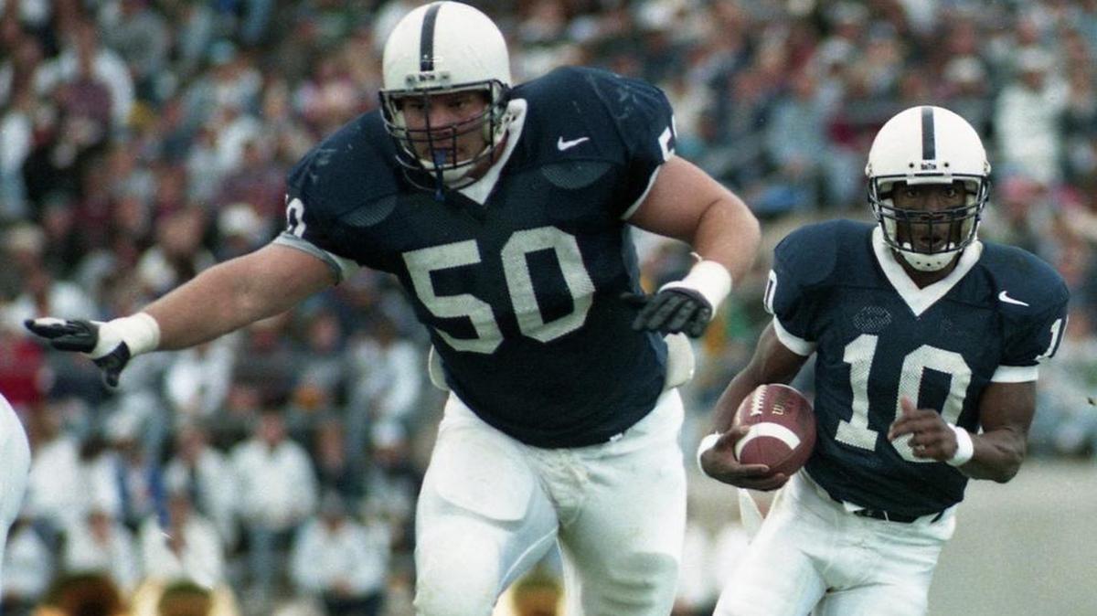 Penn State wideout Bobby Engram (10) and offensive lineman Jeff Hartings (50), seen here against Indiana on Oct. 28, 1995, are among the Nittany Lions’ three nominees for the College Football Hall of Fame. Steve Wisniewski is the other.