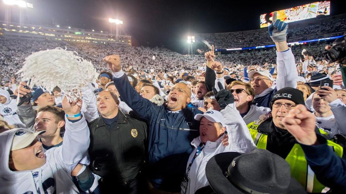 Penn State football coach James Franklin celebrates with the Penn State crowd after the 24-21 win over Ohio State on Oct. 22 at Beaver Stadium. The game against the Buckeyes this season will almost certainly play a large role in whether the Nittany Lions earn a spot in the College Football Playoff.