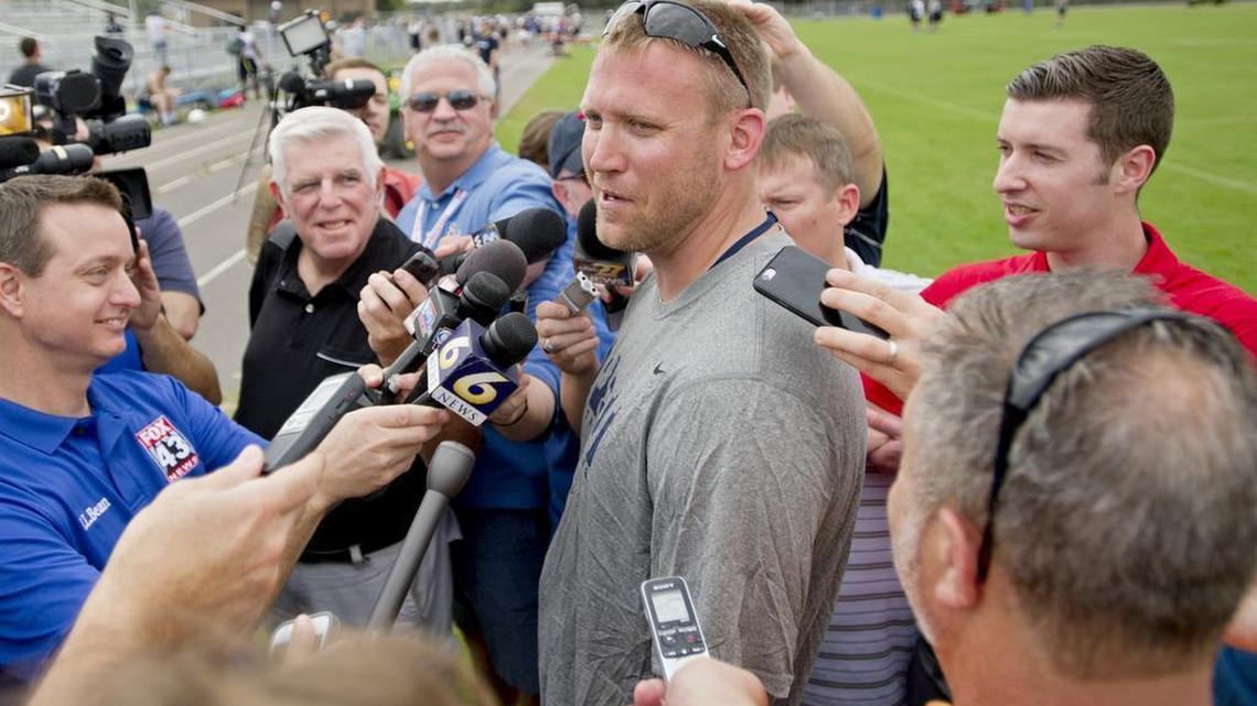 Penn State's temporary offensive coordinator and quarterbacks coach Ricky Rahne talks to the media after practice on Thursday, December 31, 2015 at Fernandina Beach High School in preparation for the TaxSlayer Bowl.