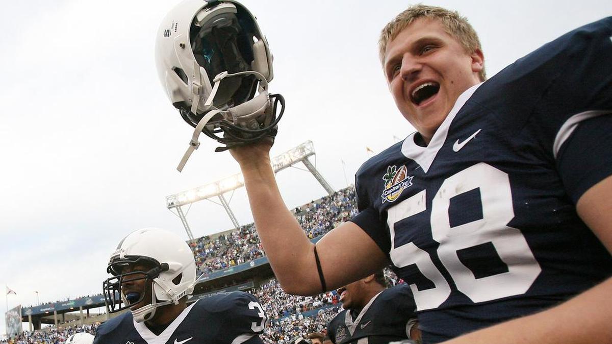 Penn State offensive lineman Adam Gress (58) celebrates with the rest of the Nittany Lions after their 19-17 win over LSU in the Capital One Bowl on Jan. 1, 2010. Gress was a two-year starter and went on to have a brief stint with the New York Giants.