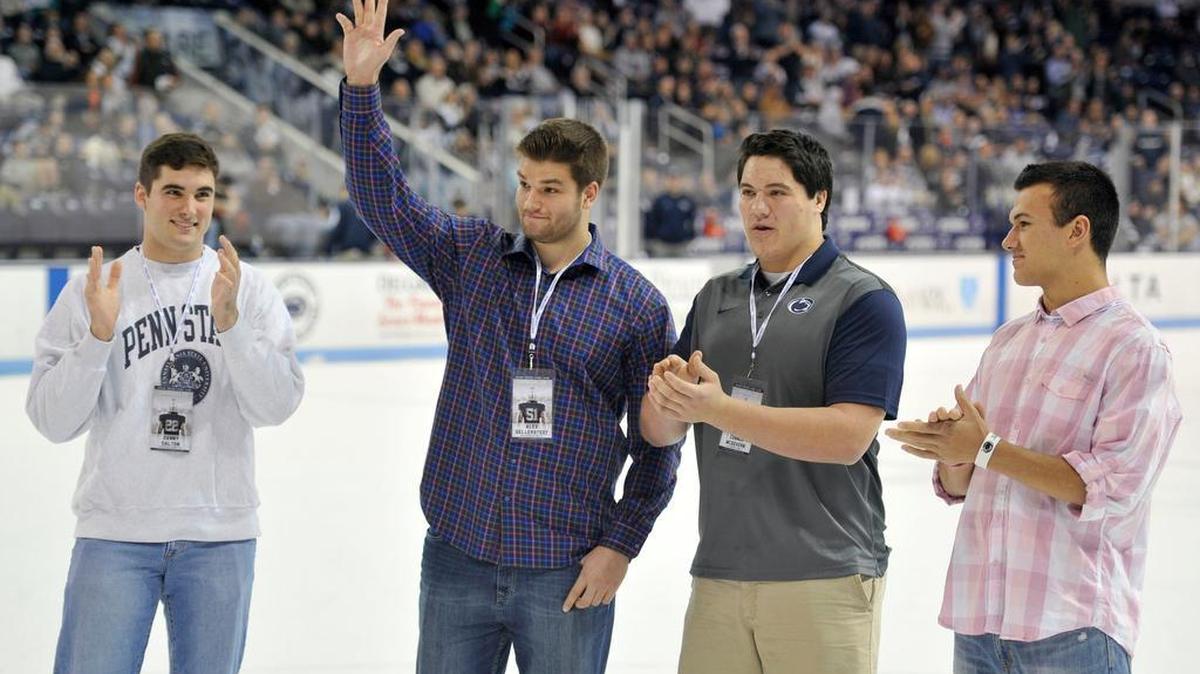 Penn State early enrollees were announced at the Penn State hockey game on Friday, Dec. 11, 2015. Pictured left to right are Danny Dalton, Alex Gellerstedt, Connor McGovern and Jake Zembiec.