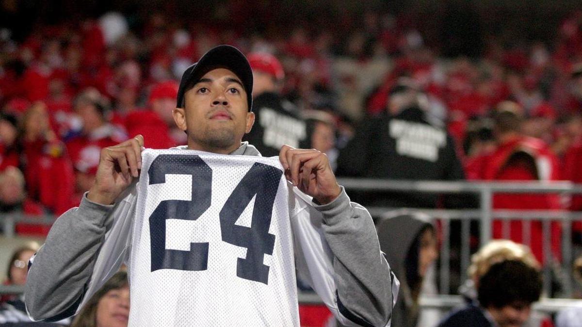 A Penn State fan proudly displays a No. 24 Jordan Norwood jersey before the Nittany Lion's game against Ohio State game.