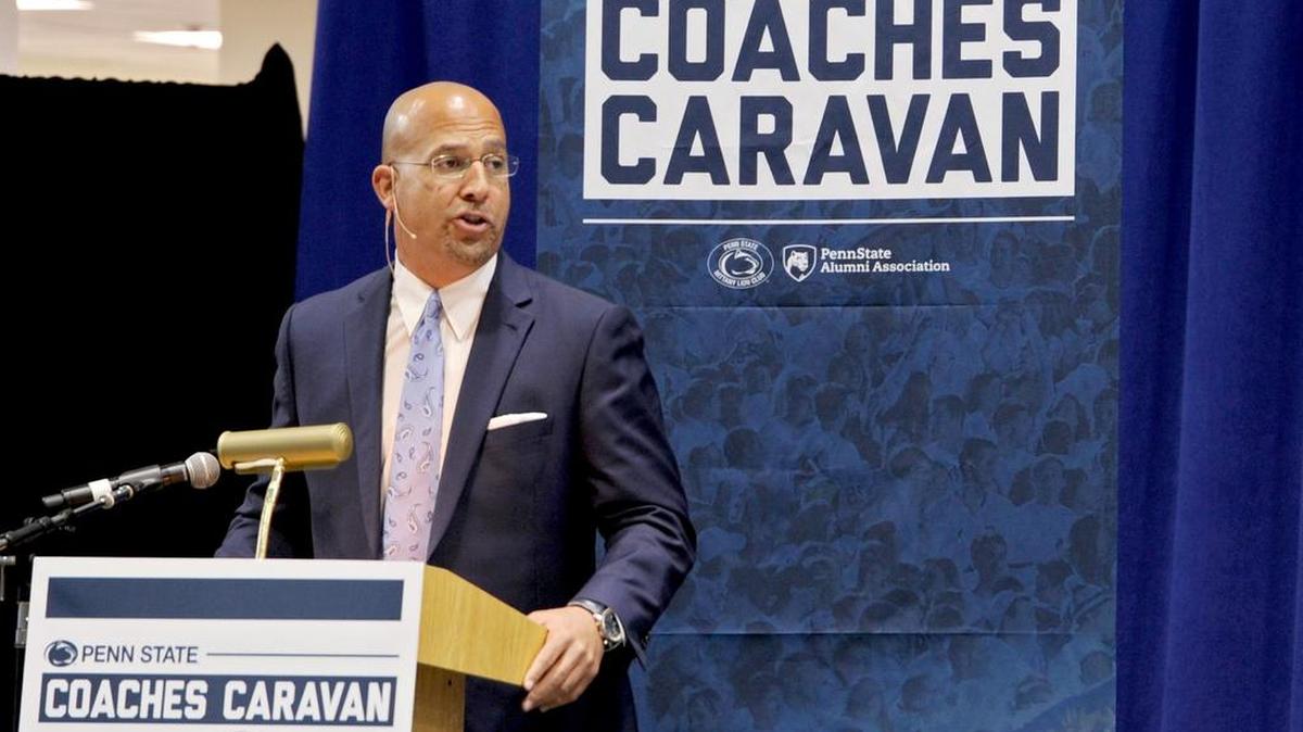 Penn State football coach James Franklin addresses the audience at Penn State’s York campus during a stop on the Coaches Caravan on Monday.