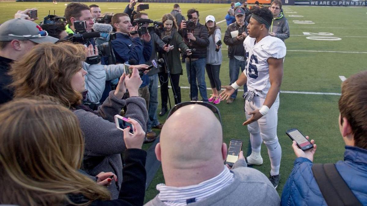 Penn State sophomore running back Saquon Barkley talks to the media for the first time after spring practice on Wednesday, April 6, 2016.