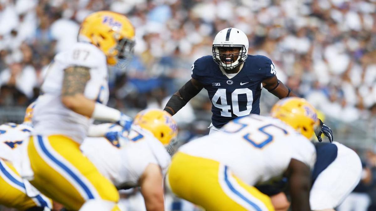 Penn State linebacker Jason Cabinda, seen here earlier this season against Pitt, knows that the Nittany Lions’ defense will be challenged Saturday against Indiana’s up-tempo offense. “When they’re going fast,” he said, “it’s getting the calls in quick and getting it communicated before they snap the ball.”