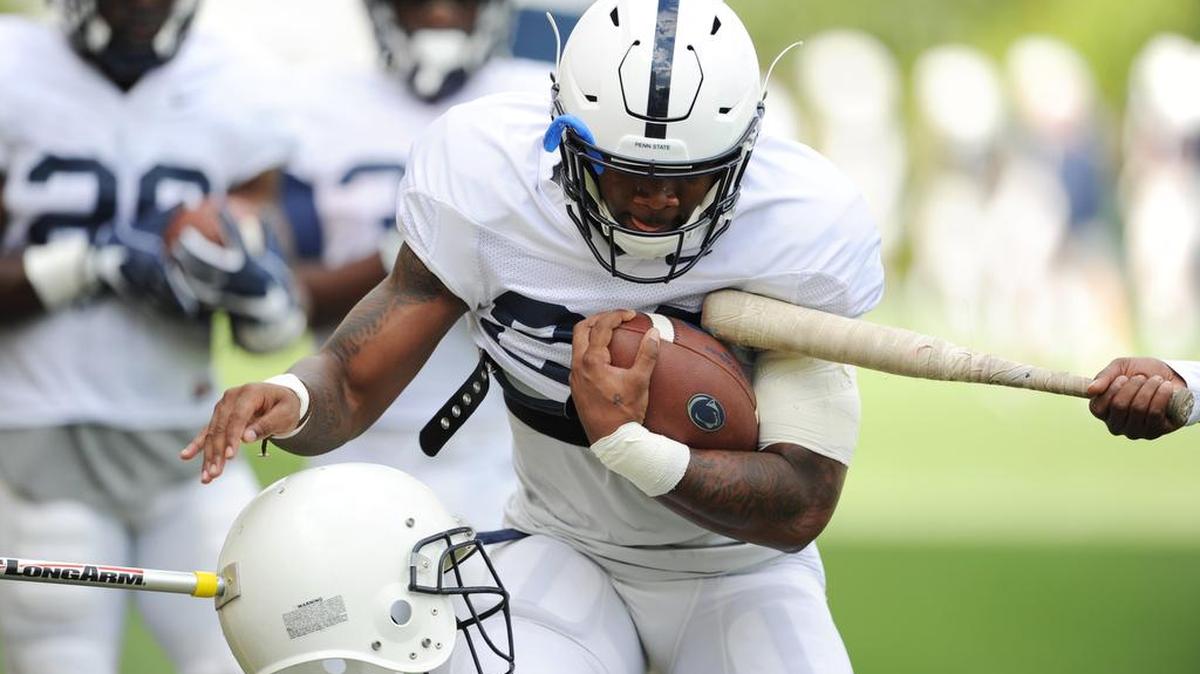 Penn State running back Miles Sanders runs a drill during practice Aug. 5 on the outdoor fields at Lasch. Sanders is coming off a true freshman season in which he recorded a school-record 33 kick returns for 688 return yards, the second-most in school history.