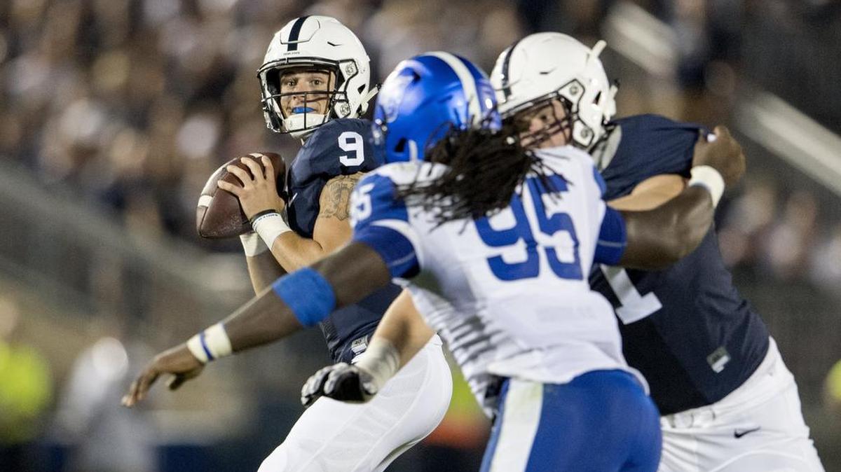 Penn State quarterback Trace McSorley looks to make a pass during the game against Georgia State on Saturday, September 16, 2017. Penn State won, 56-0, at Beaver Stadium.