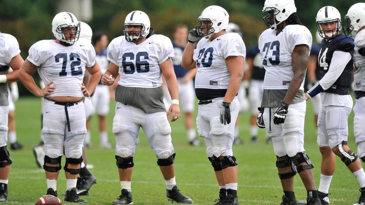 The Penn State offensive line Brian Gaia, Angelo Mangiro, Brendan Mahon, Paris Palmer with Christian Hackenberg. The Penn State football team held practice August 19, 2015 as they prepare for their first game against Temple Sept. 5.
