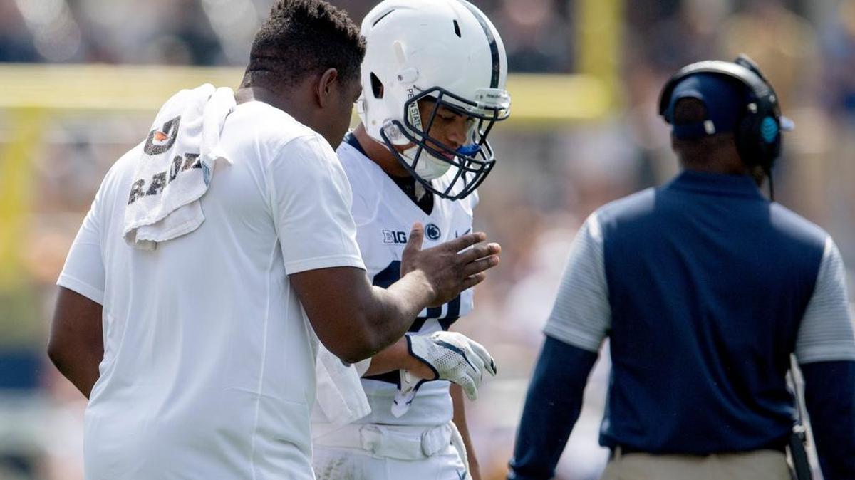 Penn State linebacker Jason Cabinda, who had his left arm wrapped and didn't play, gives suggestions to teammate John Reid during the Saturday, September 10, 2016 game at Heinz Field. Pitt won, 42-39.