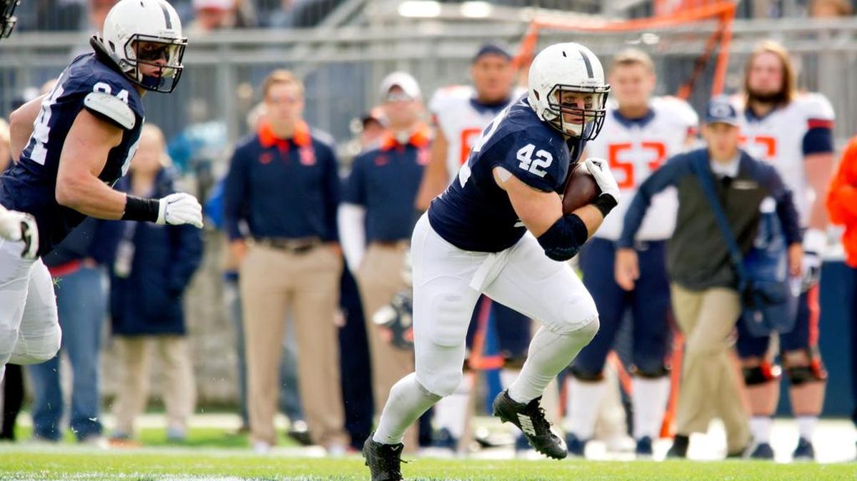 Penn State’s Troy Reeder intercepts the ball during the Saturday, October 31, 2015 game against Illinois at Beaver Stadium. The Nittany Lions won, 39-0.