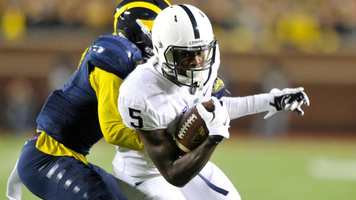 Penn State's DaeSean Hamilton works for yards against Michigan in Ann Arbor, Mich. on Saturday, Oct. 11, 2014.
