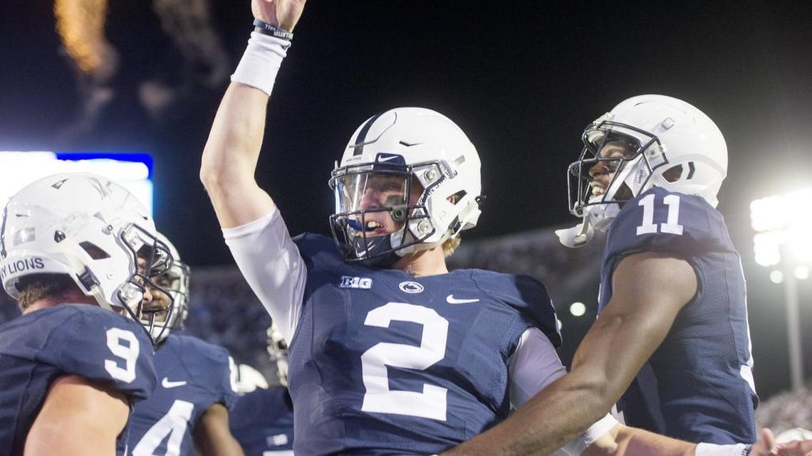 Penn State quarterback Tommy Stevens celebrates his touchdown during the Saturday, November 5, 2016 game against Iowa at Beaver Stadium. Penn State won, 41-14.