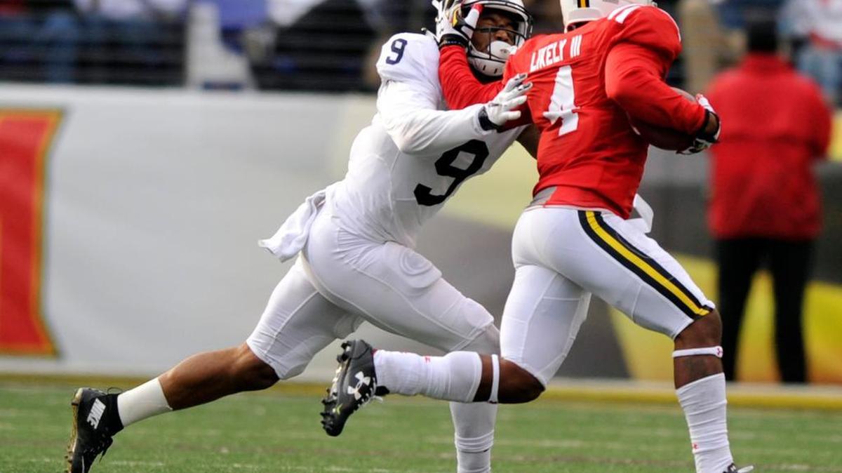 Penn State's Jordan Lucas attempts to stop Maryland's William Likely at M&T Bank Stadium in Baltimore on Saturday, Oct. 24, 2015.