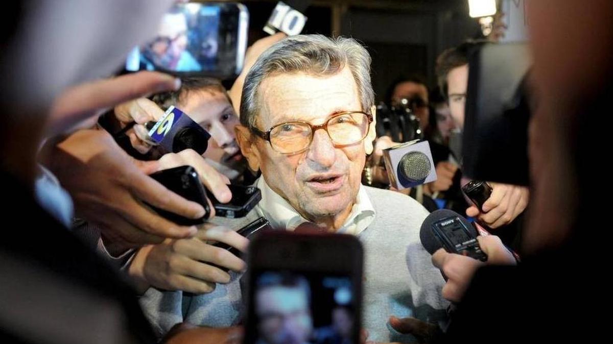 Penn State football coach Joe Paterno talks to the media and crowd of students who gathered outside of his home on Tuesday, November 8, 2011. CDT/Abby Drey Centre Daily Times.