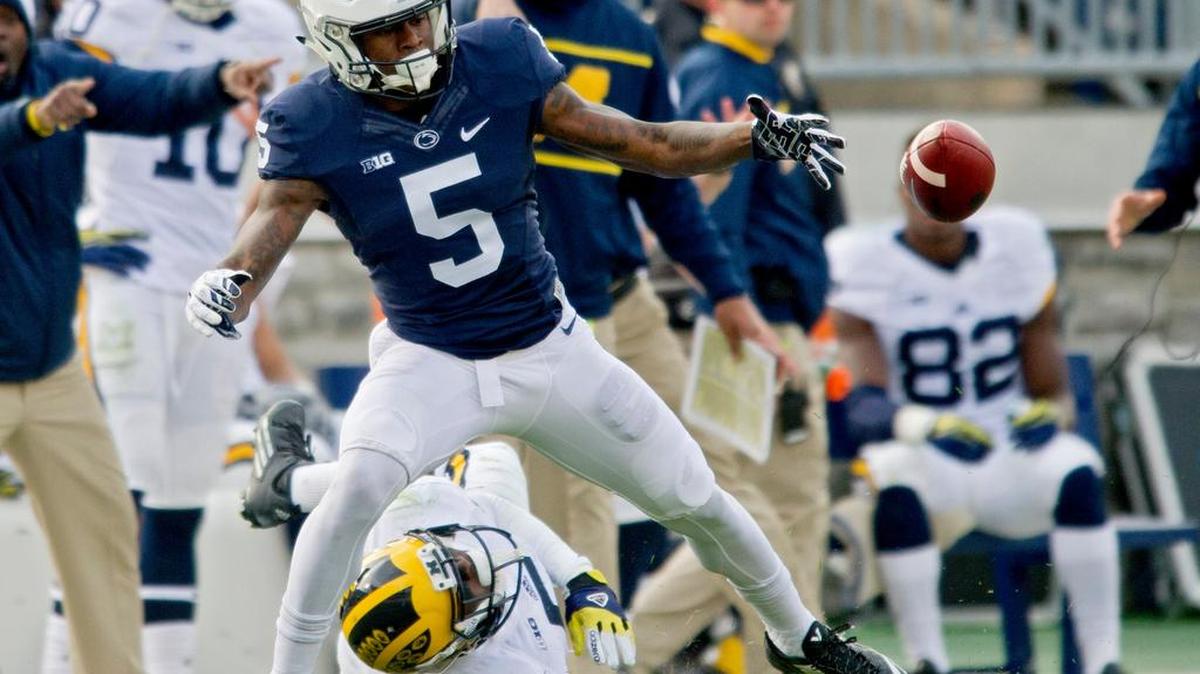 Penn State wide receiver DaeSean Hamilton misses a catch but Michigan safety Jabrill Peppers gets a pass interference penalty during the Saturday, November 21, 2015 football game at Beaver Stadium. Michigan won, 28-16.