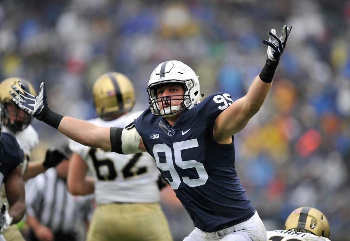 Penn State’s Carl Nassib celebrates making a tackle for a loss. Penn State beat Army West Point 20-14 at Beaver Stadium October 3, 2015.
