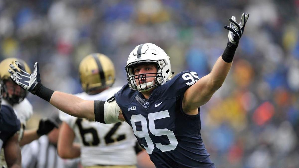 Penn State’s Carl Nassib celebrates making a tackle for a loss during an Oct. 3, 2015 game against Army West Point at Beaver Stadium. Nassib announced his candidacy Monday for an alumni-elected seat on the board of trustees.