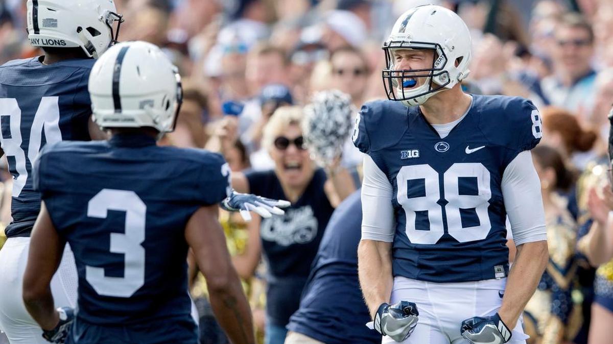 Penn State tight end Mike Gesicki celebrates his touchdown during the game against Pitt on Sept. 9 at Beaver Stadium. Penn State won, 33-14.