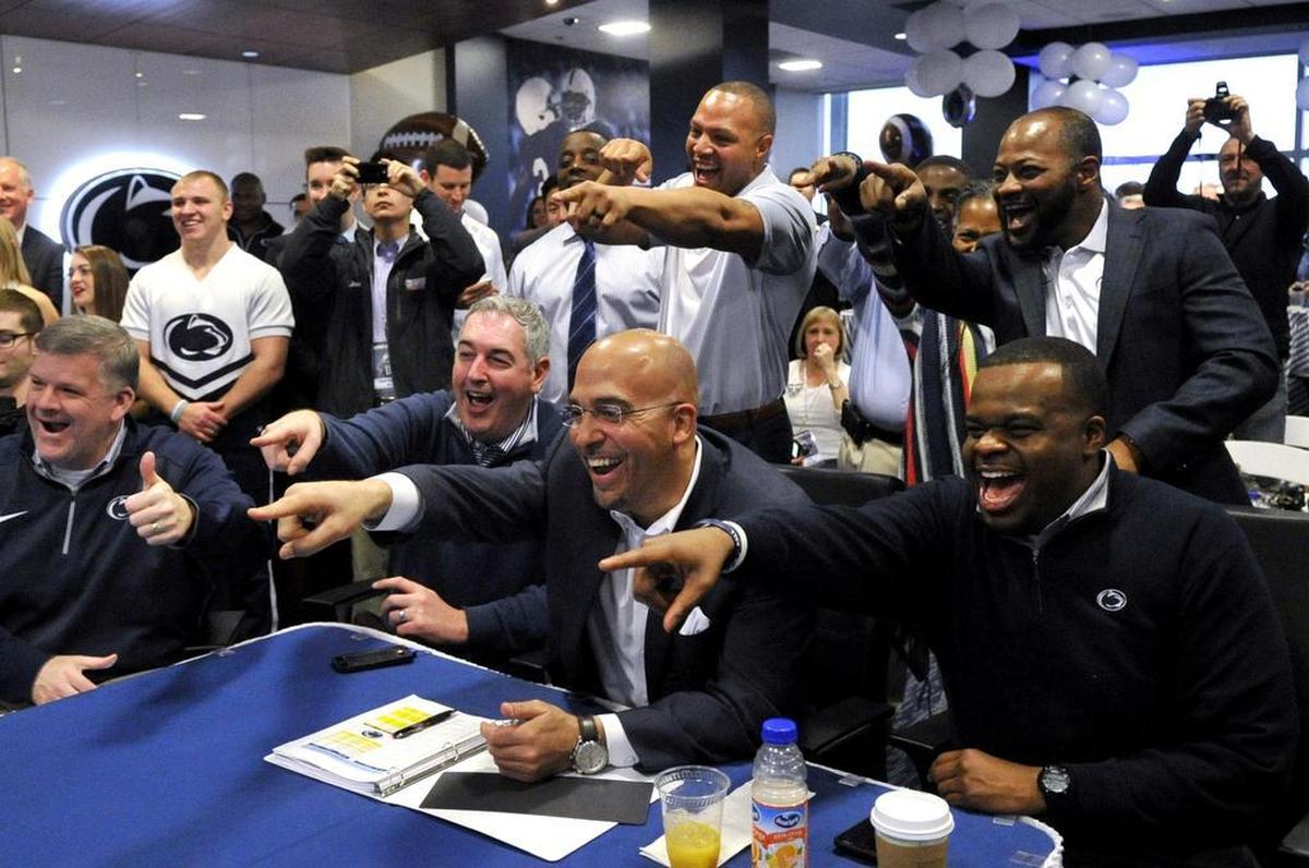 Penn State football head coach James Franklin, middle, is pictured during national signing day on Feb. 3, 2016. 