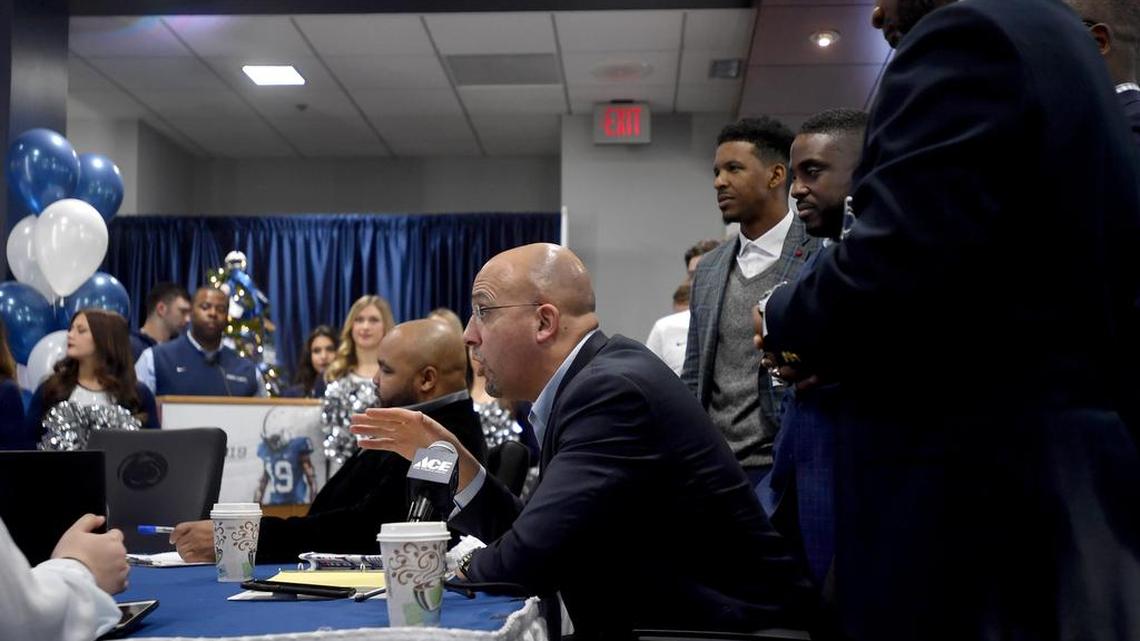 Penn State football coach James Franklin talks to Marquis Wilson over video conference during the early signing period in December. On Wednesday, Franklin welcomed the other members of the 23-signee class.