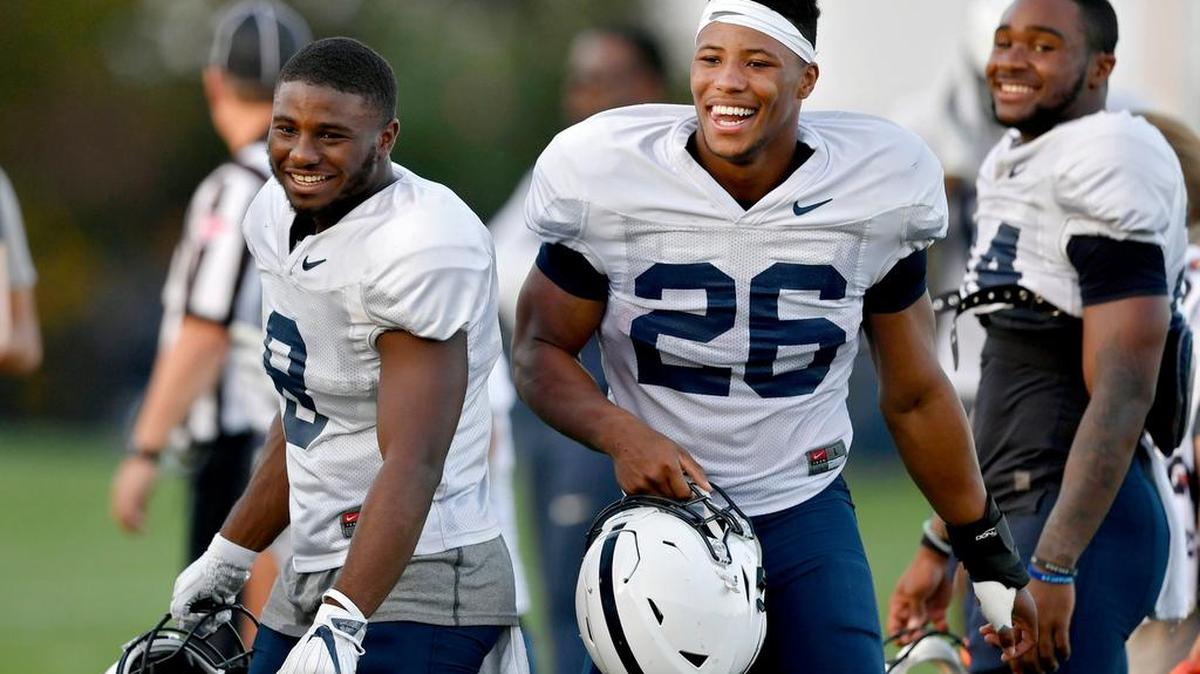 Penn State running back Saquon Barkley (26) needs 103 receiving yards to become the first Penn State player with 3,000 career rushing and 1,000 career receiving yards.