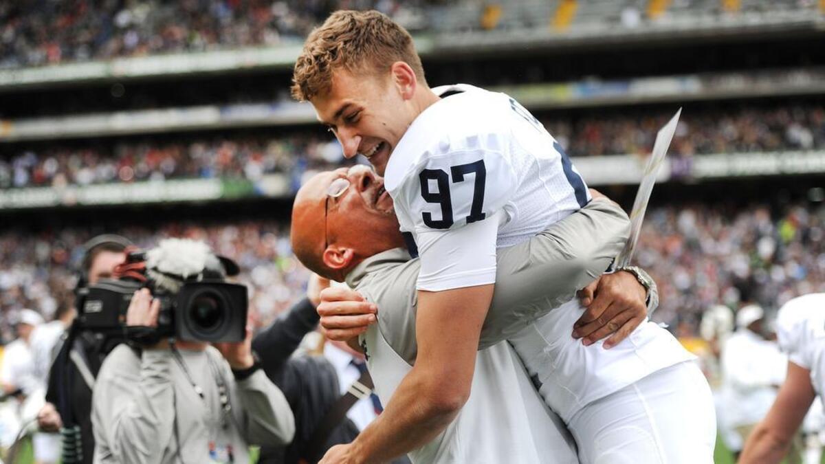 Former Penn State kicker Sam Ficken embraces coach James Franklin after hitting the game-winning field goal with no time remaining against Central Florida at the 2014 Croke Park Classic. The Nittany Lions won 26-24. That was one of Ficken’s most memorable games.